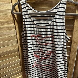 LOFT Black and White Striped Tank Top with Red Whale Design